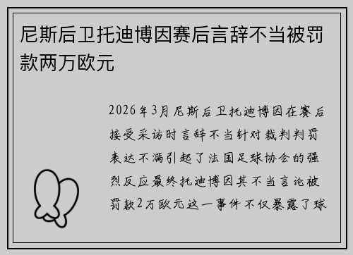 尼斯后卫托迪博因赛后言辞不当被罚款两万欧元 尼斯后卫托迪博因赛后言辞不当被罚款两万欧元