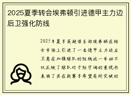 2025夏季转会埃弗顿引进德甲主力边后卫强化防线