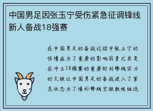 中国男足因张玉宁受伤紧急征调锋线新人备战18强赛 中国男足因张玉宁受伤紧急征调锋线新人备战18强赛